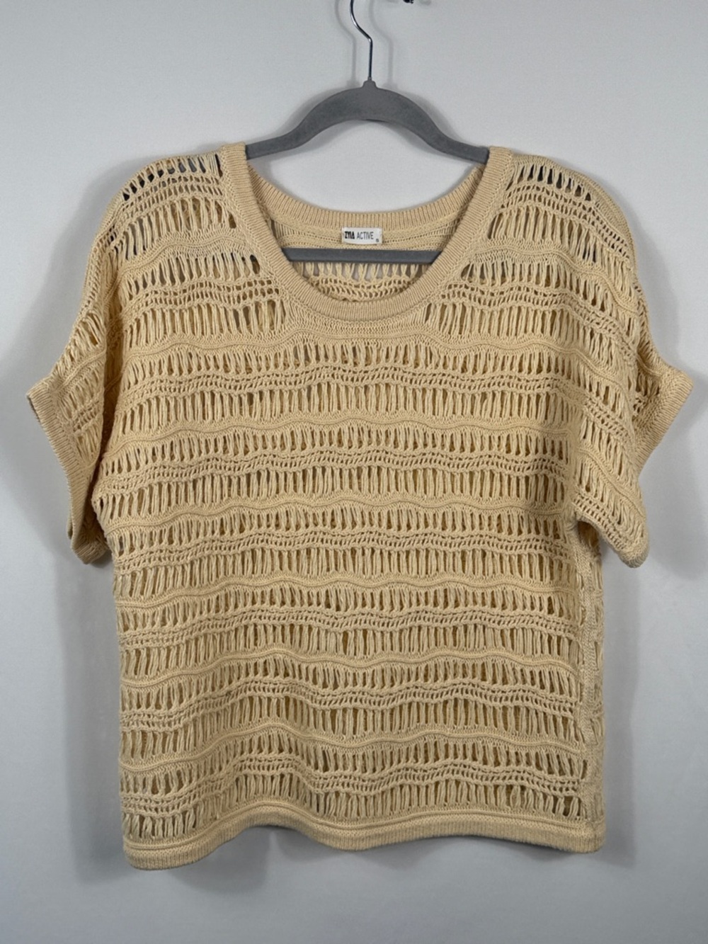 Zyia Active Cream Open-Knit Scoop Neck‎ Short Sleeve Sweater. Womens Size S